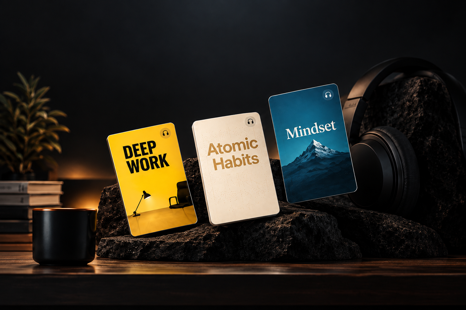 Deep Work, Atomic Habits and Mindset summaries on a rock beside headphones